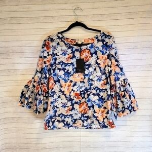 JANE & DELANCY FLORAL ORANGE & BLUE BELL SLEEVE TOP, sz Medium